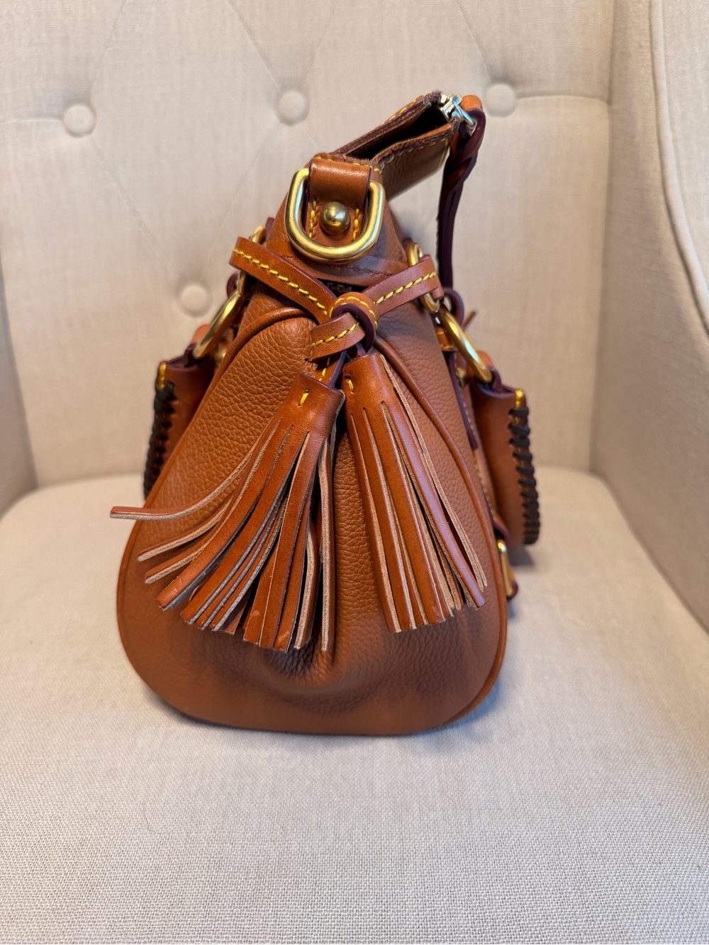 Dooney & Bourke Cognac Pebbled Leather Satchel with Braided Handle - Picture 5 of 7